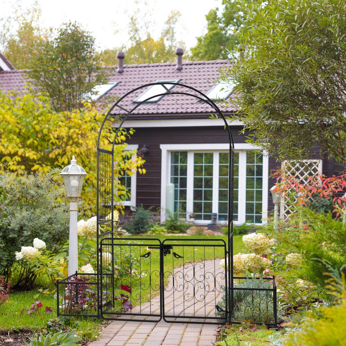 Garden Arbor Arch with Gate and Planter Box - Black Iron Support for Climbing Plants