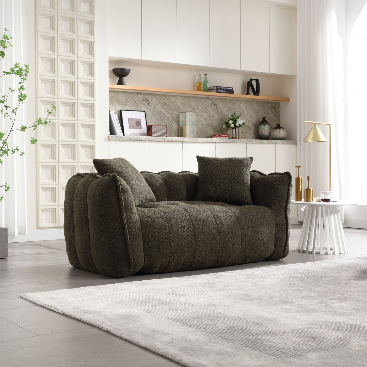 Olive Green Soft Beanbag Chair for Two - Chenille Foam Recliner