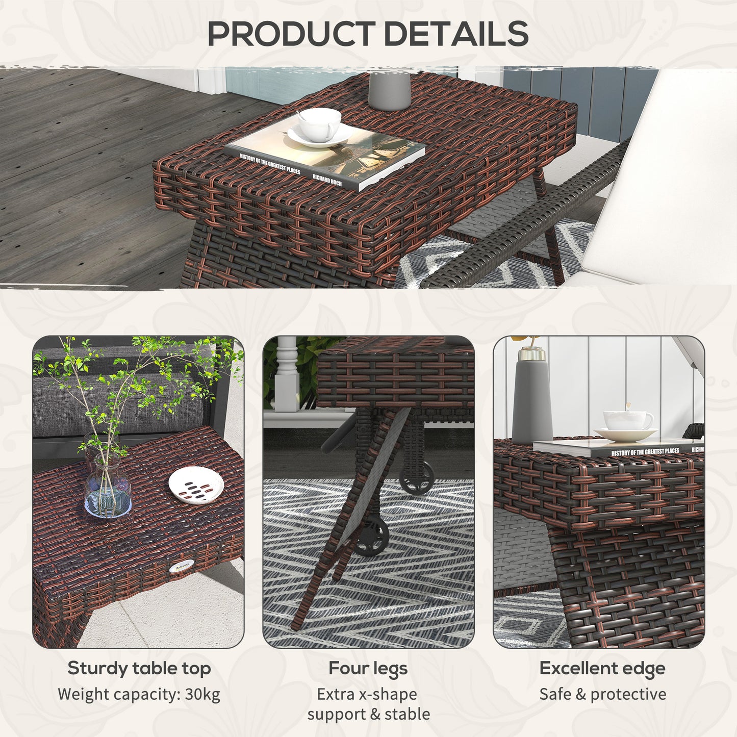 Folding Rattan Side Table - Outdoor Coffee Table, Brown