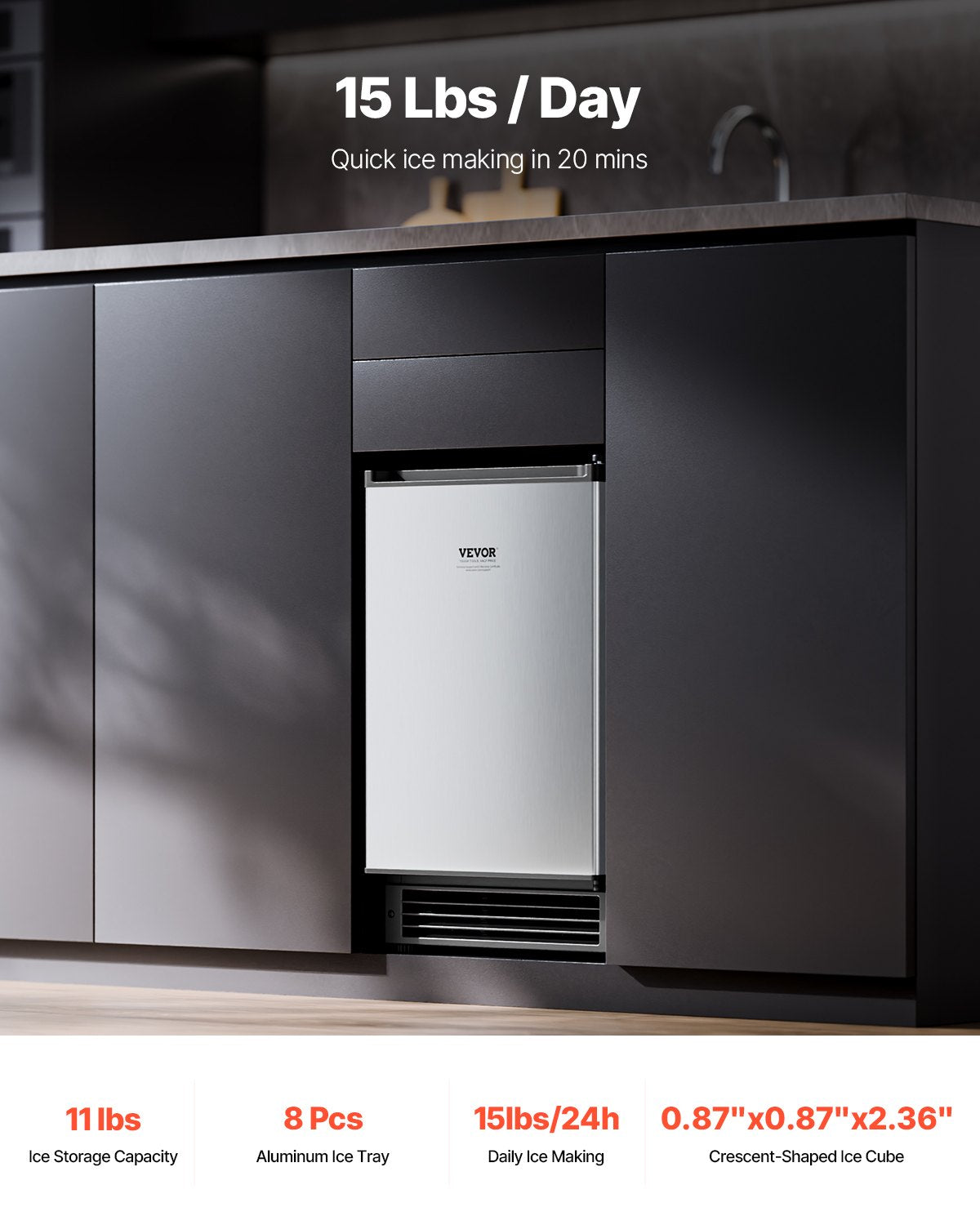 Undercounter Ice Maker 15 Lb/Day Built-In Kitchen Ice Machine with Reversible Door