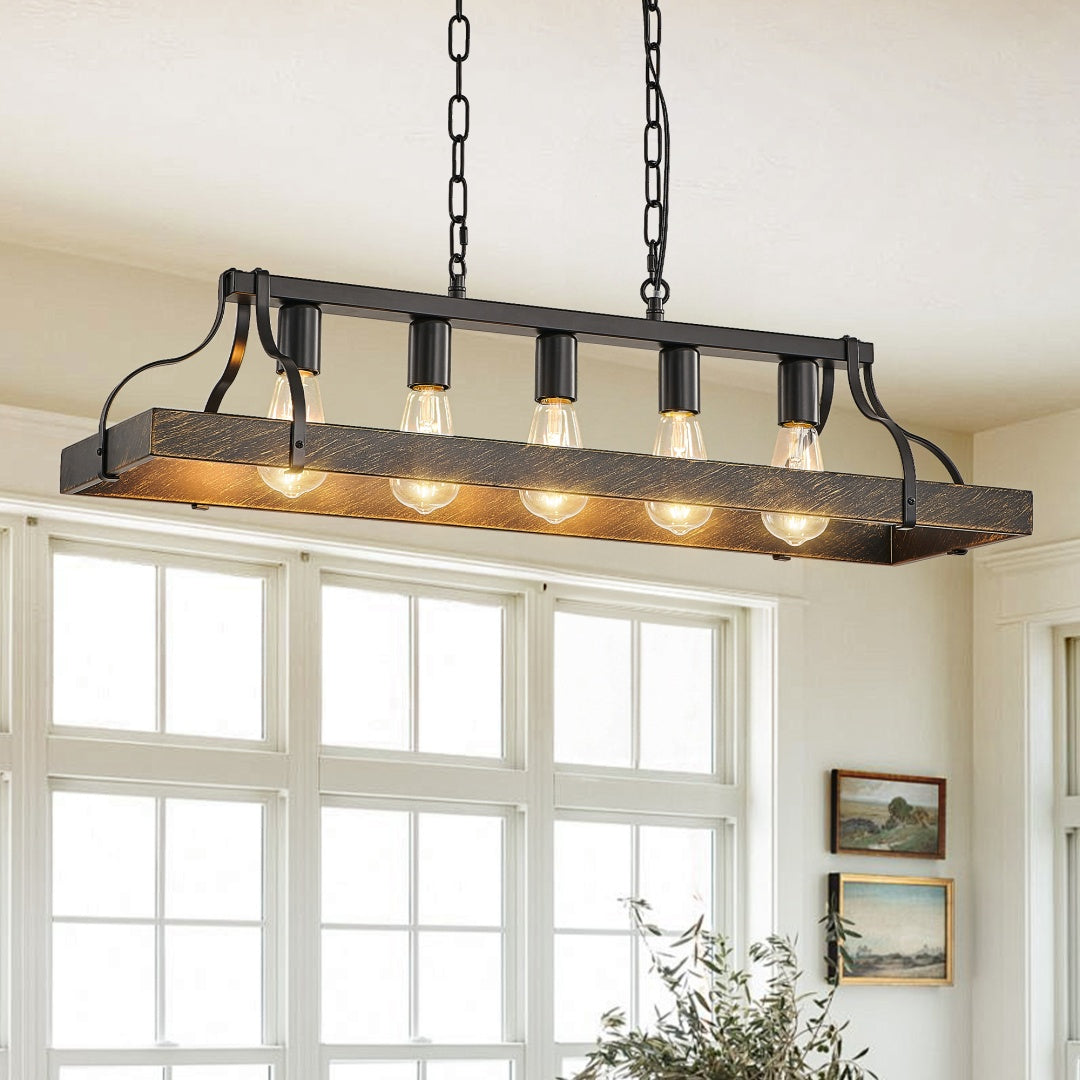 34-Inch Black Gold Vintage Pendant Light - 5 Bulb Sockets