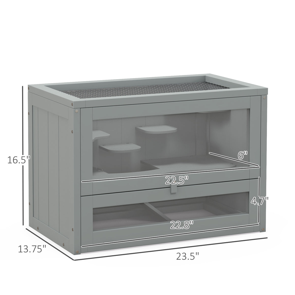 2-Level Hamster Cage with Openable Roof and Shelves - Gray, 660x160x455 mm