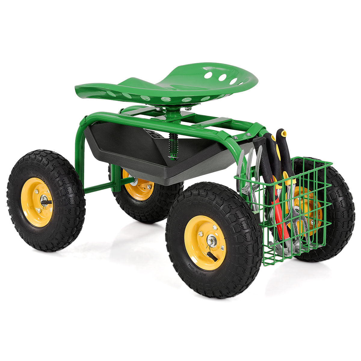 Heavy Duty Rolling Garden Cart with Tool Tray - Green