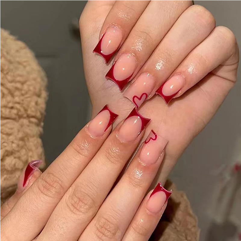 Valentine's Day Press On Nails - Medium Square French Tip Heart Design