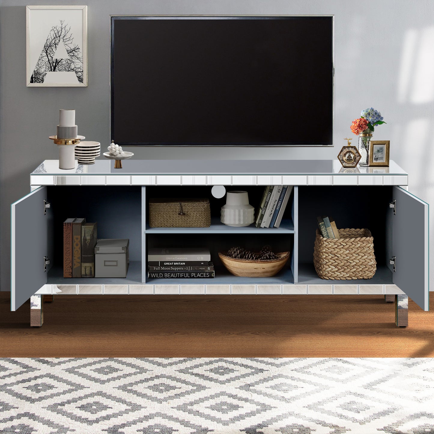 Mirrored TV Stand for 65-Inch TV - Silver Console Table with Storage