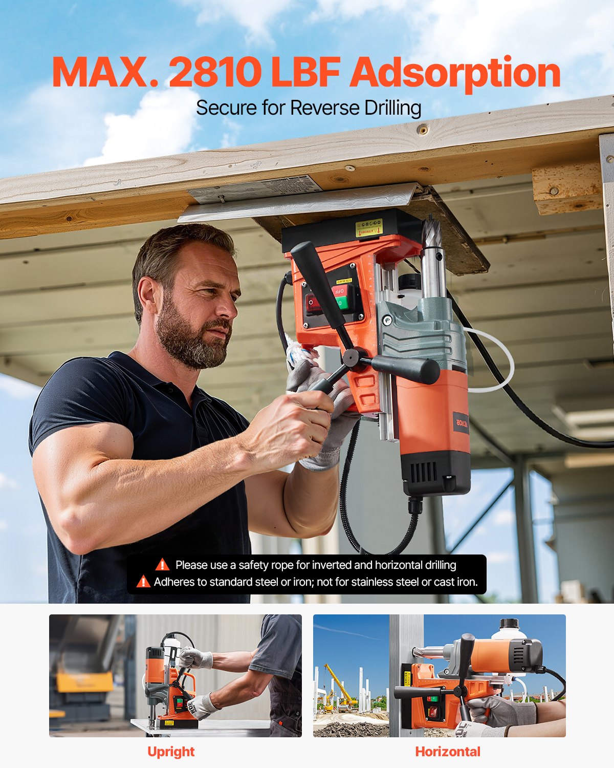 Portable Magnetic Drill 1300W 810 RPM Heavy Duty Power Tool Orange