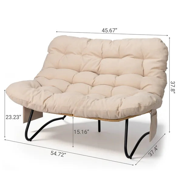 Curved Wicker Loveseat with Magazine Pockets & Beige Cushion