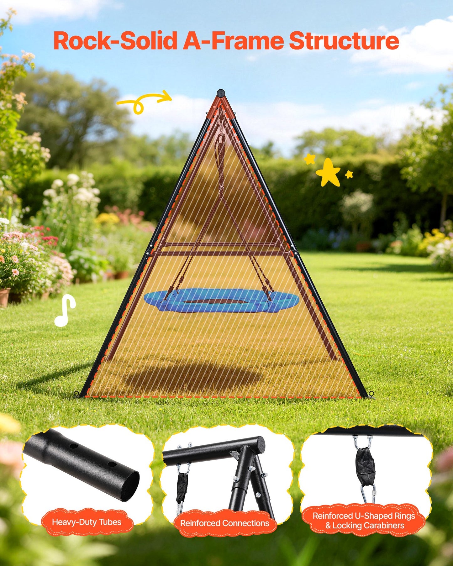 Heavy Duty Saucer Swing Set for Backyard with 40 Inch Seat and Metal Frame, Black
