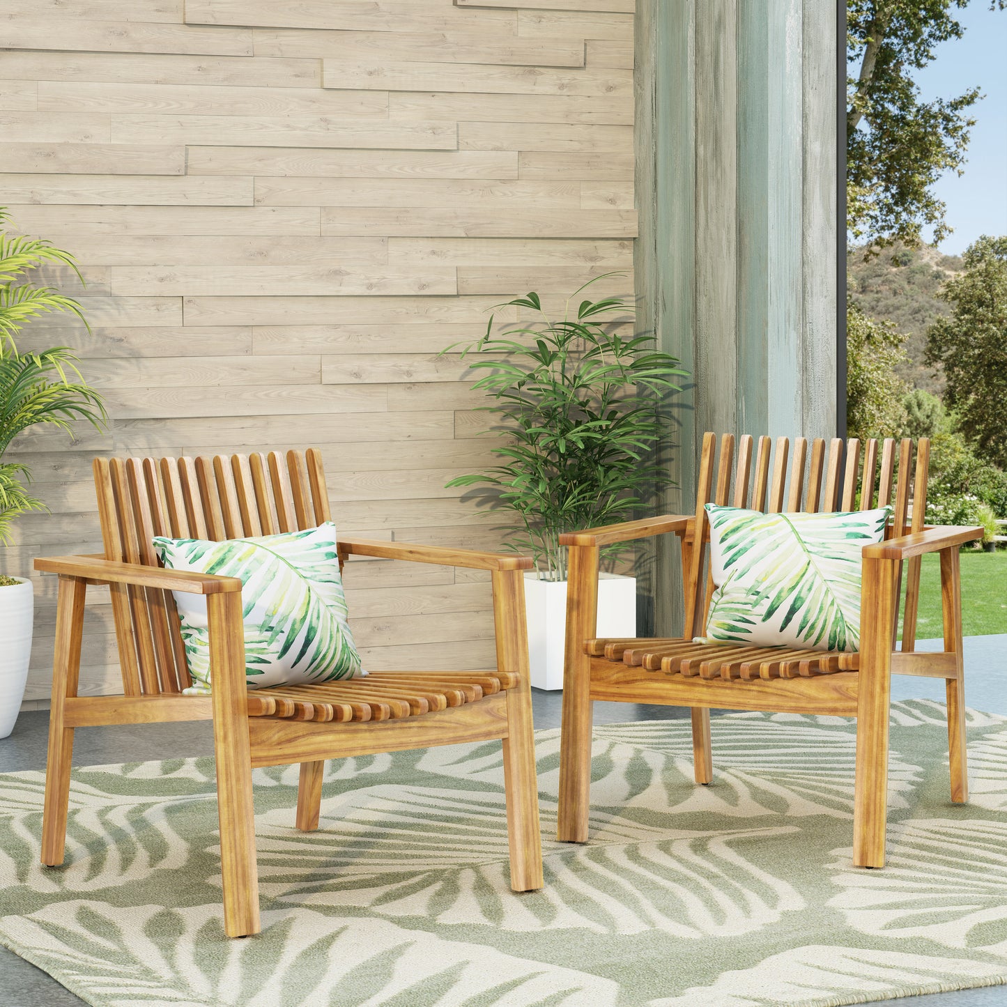 Outdoor Acacia Wood Slatted Club Chairs, Set Of 2, Teak Finish, Wood,