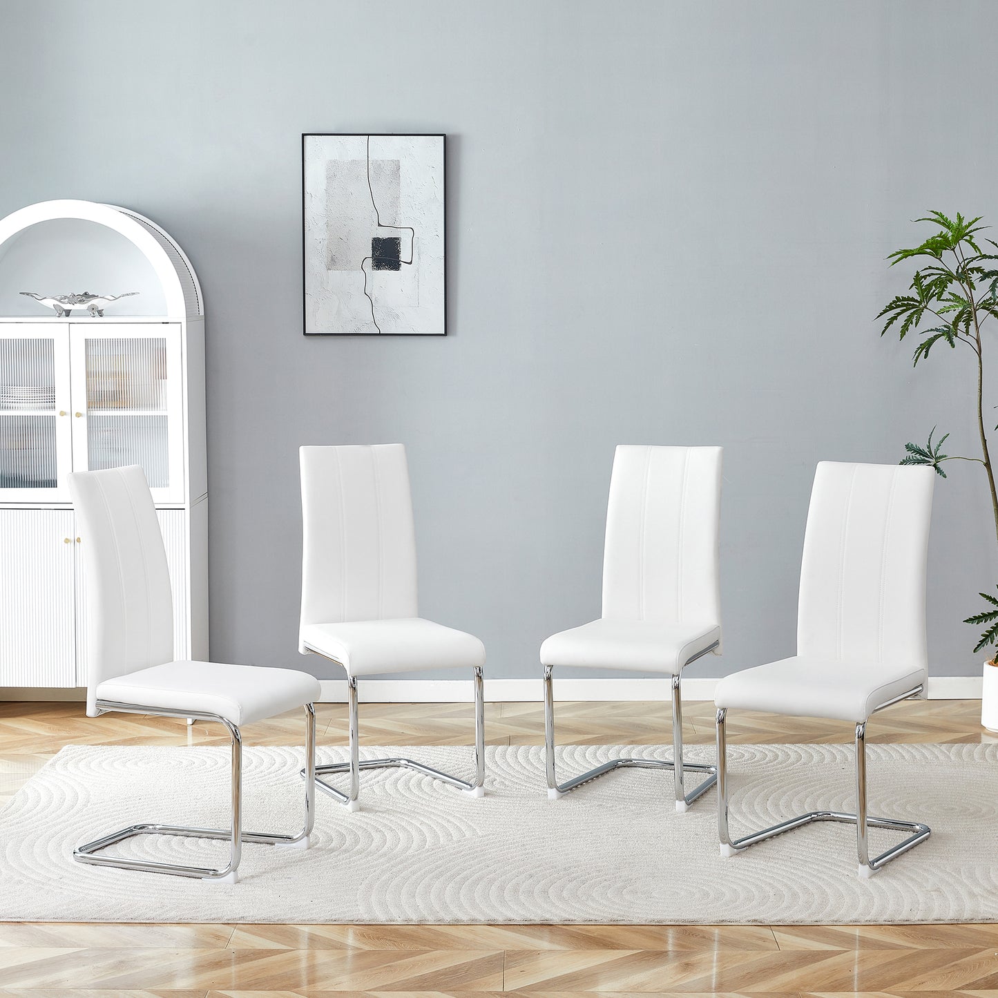 4-Pack White PU Upholstered Dining Chairs - Modern High-Back Side