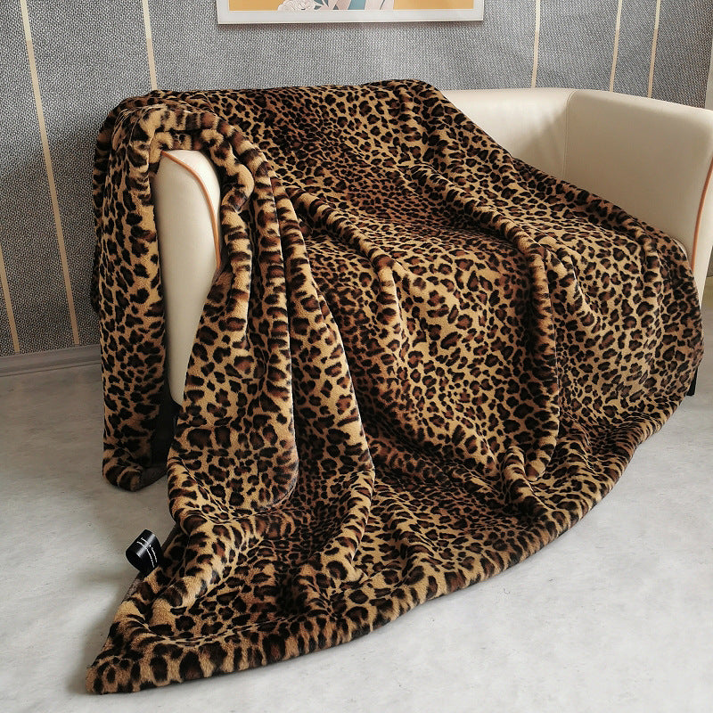 Leopard Print Faux Fur Blanket - Soft Polyester Bedding for All Seasons