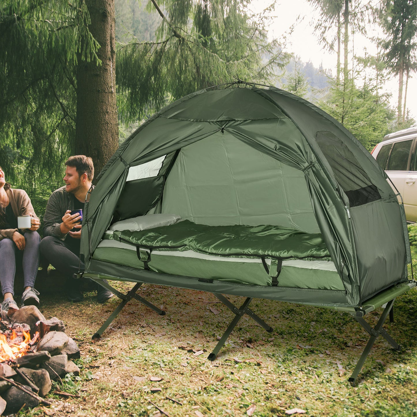 Folding Camping Cot with Sleeping Bag & Air Mattress - Green