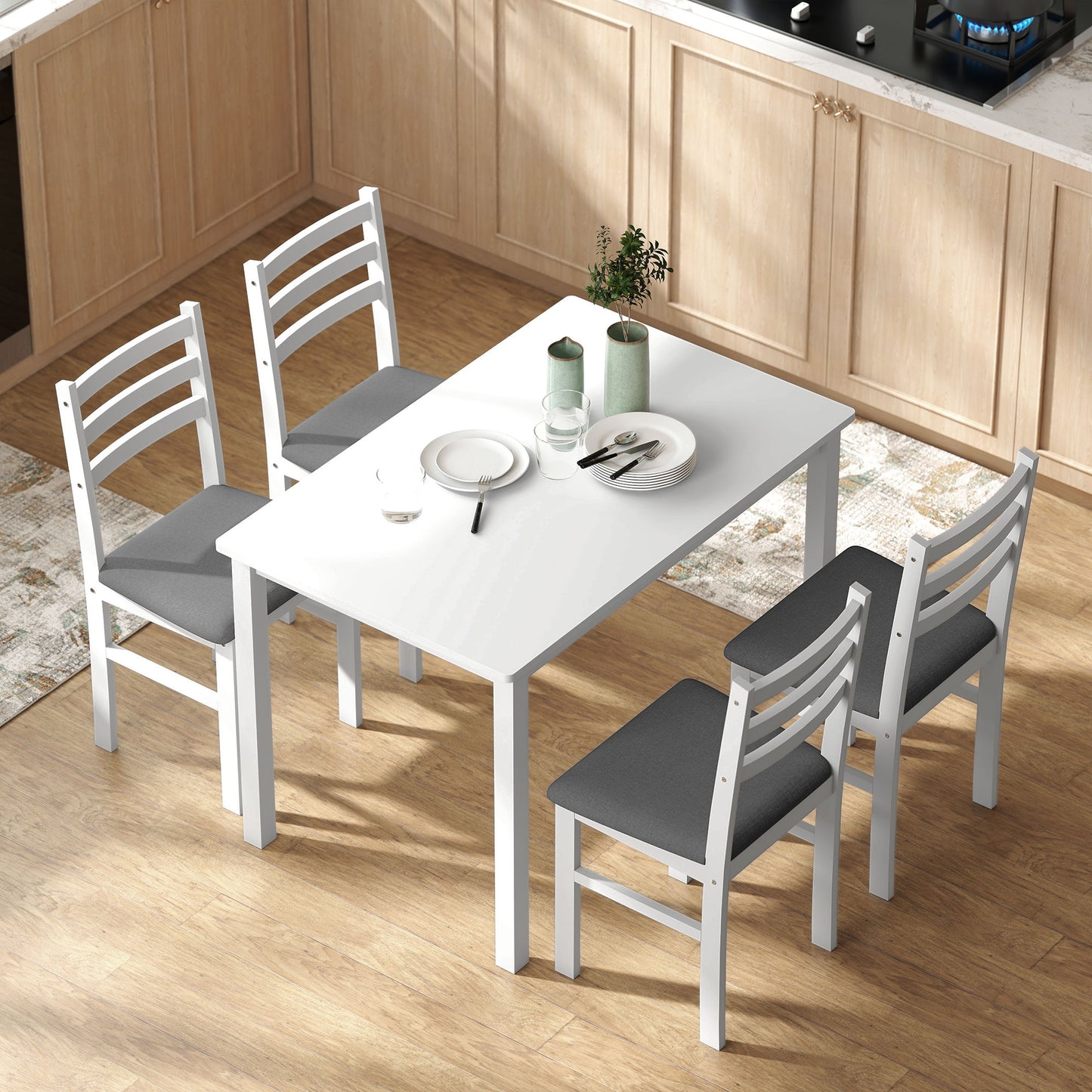 Farmhouse 5-Piece Dining Table Set for 4 with Upholstered Chairs