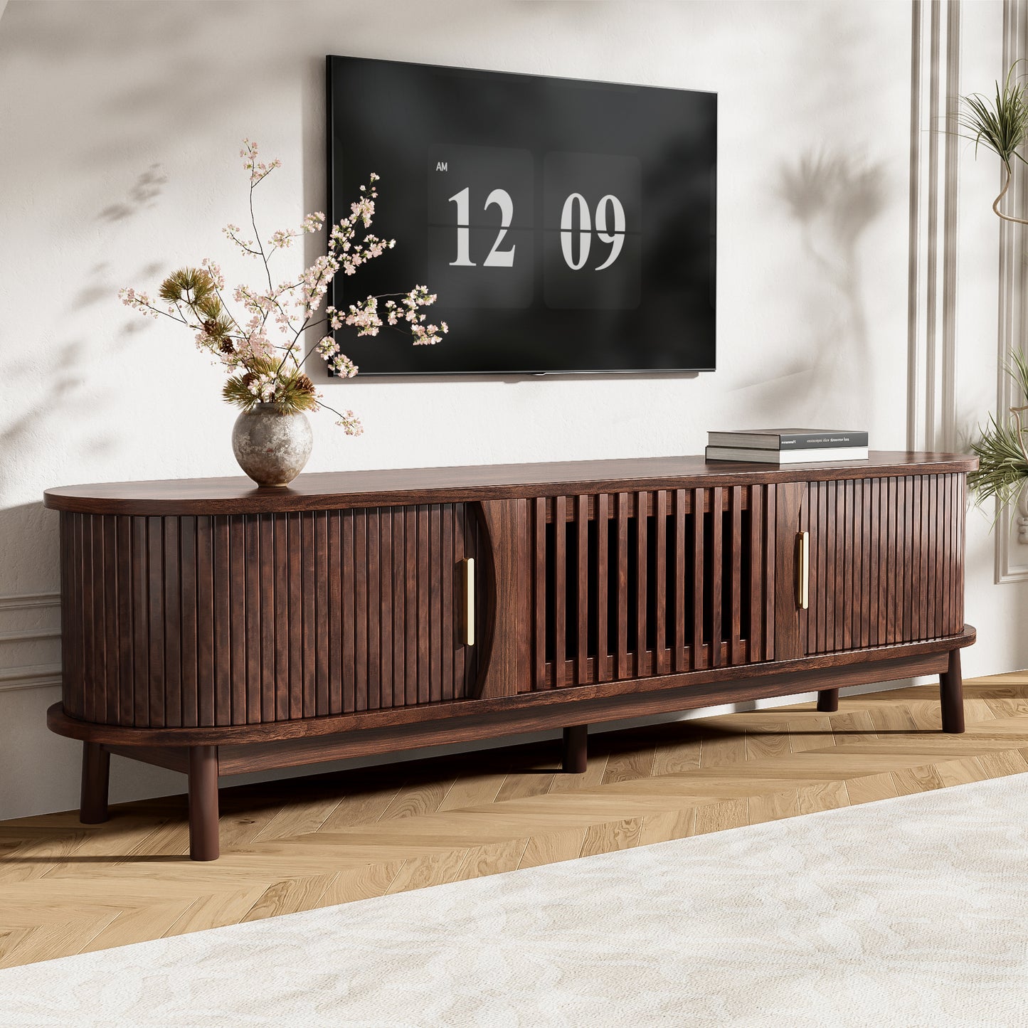 Modern Farmhouse TV Stand for 75" TVs - Dark Brown Wood Console