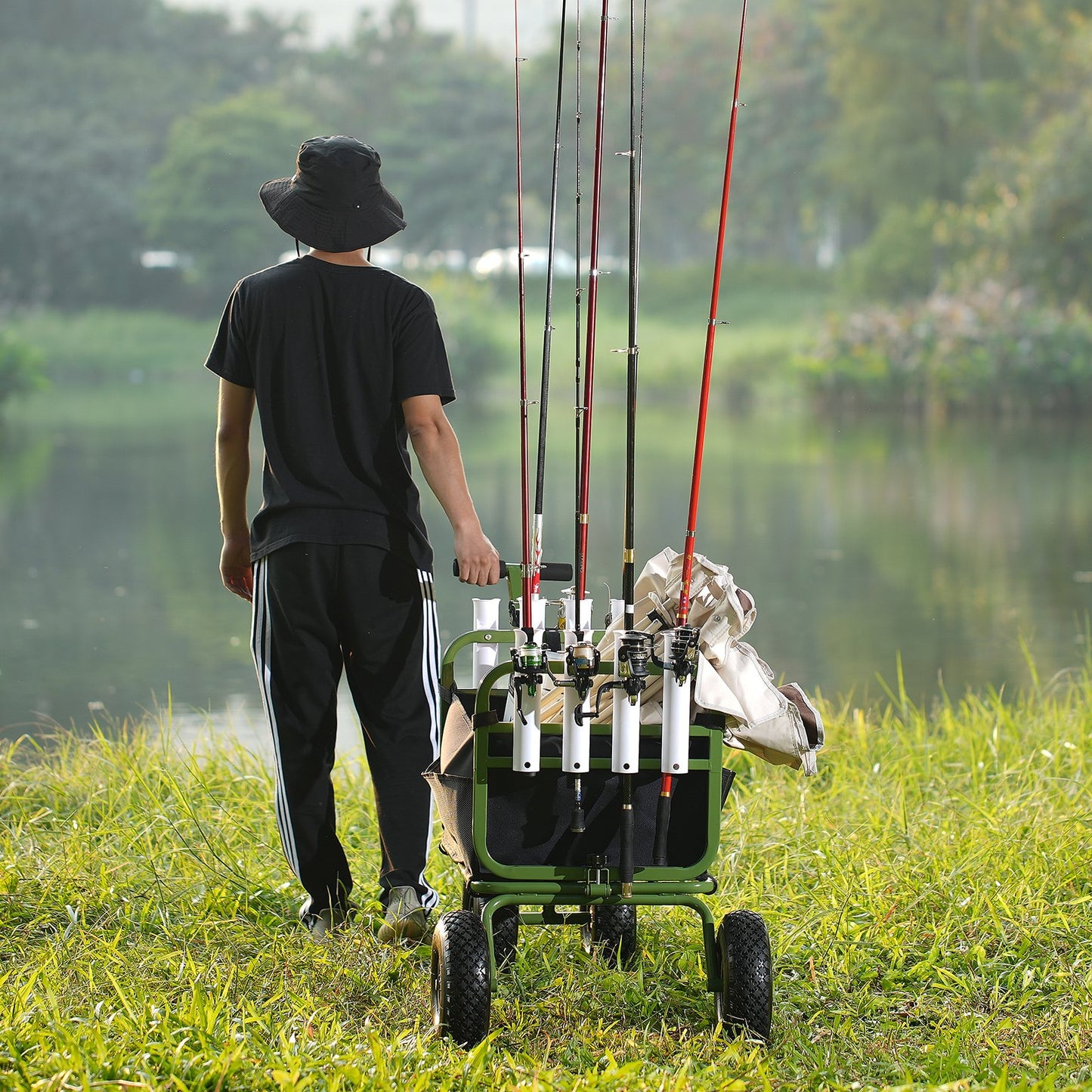 Heavy-Duty Foldable Beach Fishing Cart with 4 Large Rubber Wheels - 300 Lb Capacity