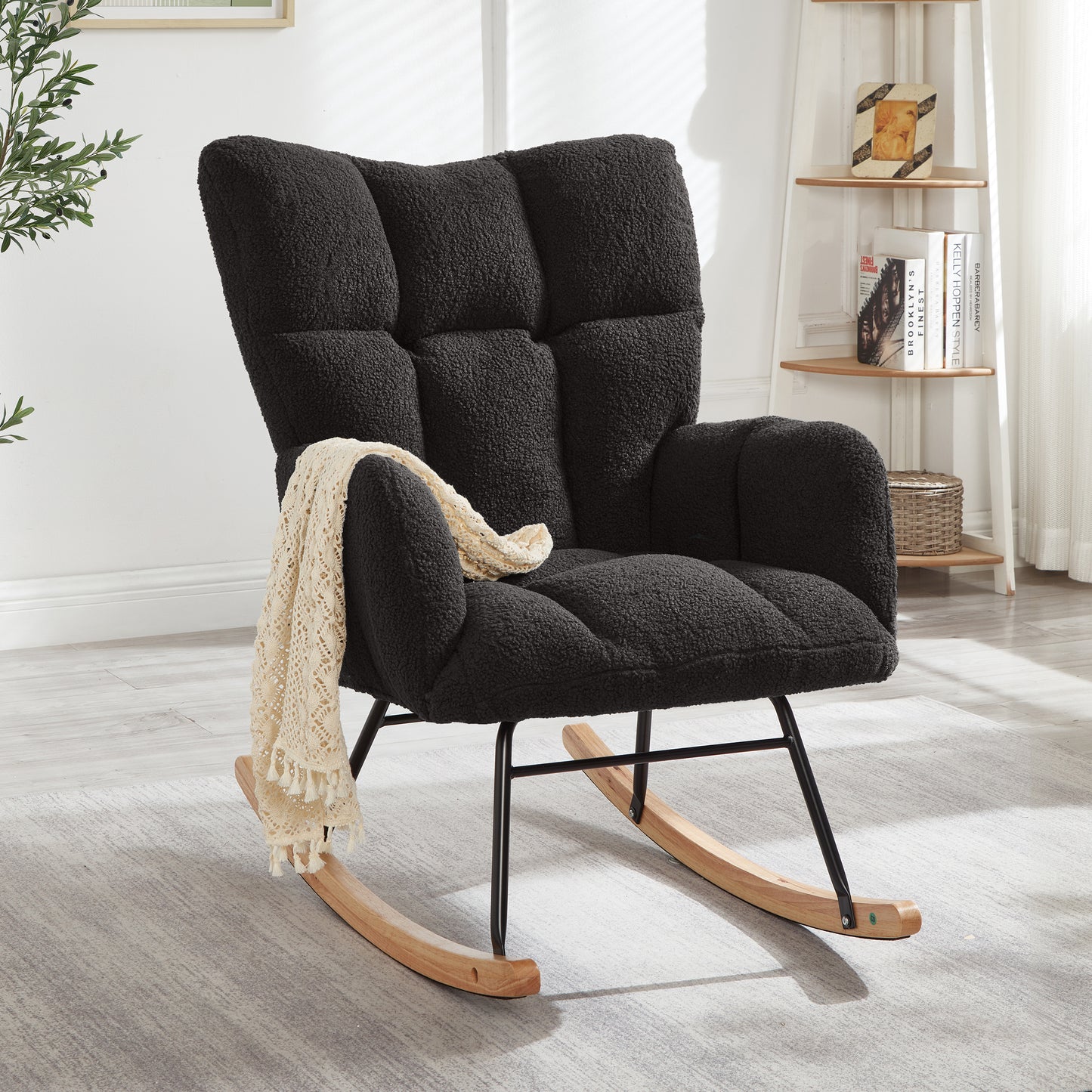 Dark Gray Tufted Teddy Fabric Rocking Chair with Metal Frame