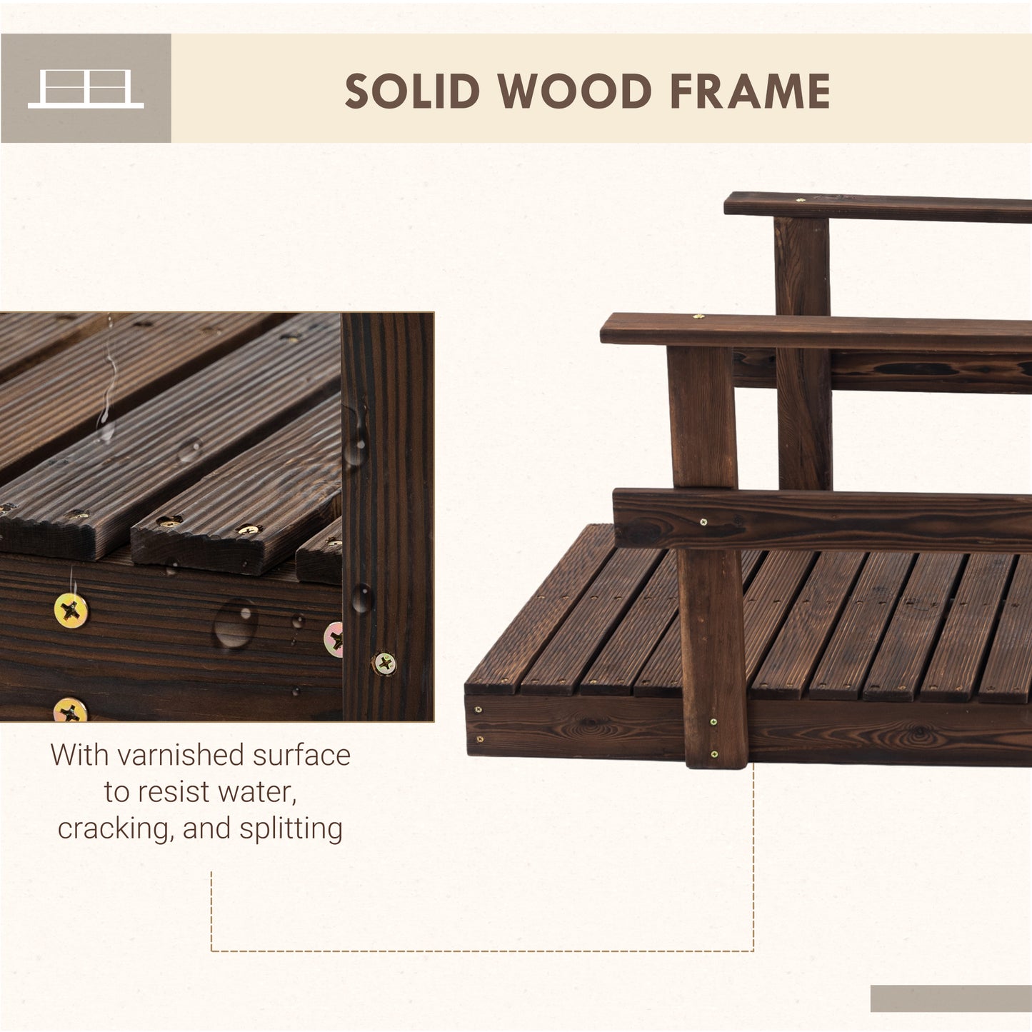 Wooden Garden Bridge with Safety Railings - Pine Stained Finish, 1160x700x125mm
