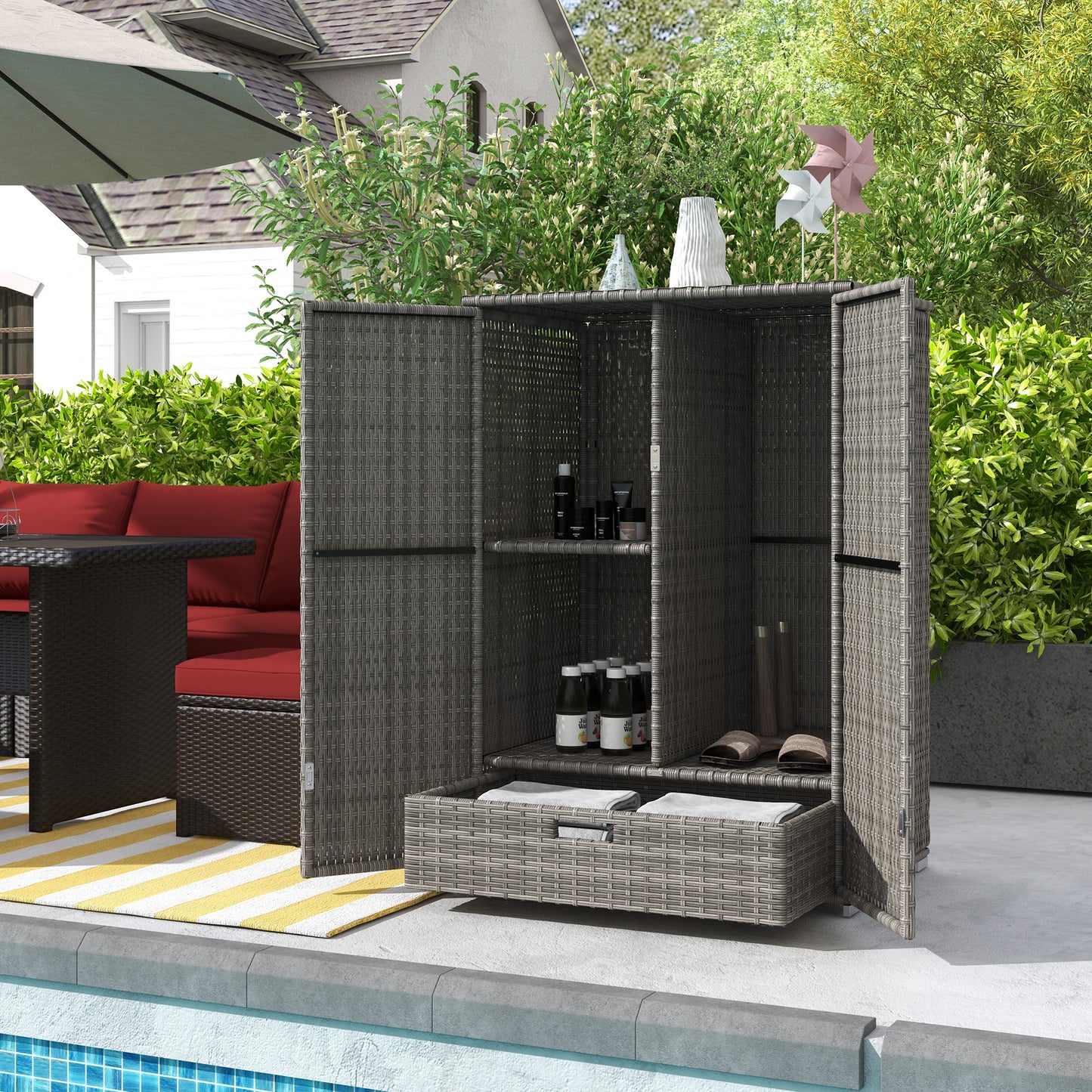 Outdoor Rattan Storage Cabinet with Drawer - Dark Gray