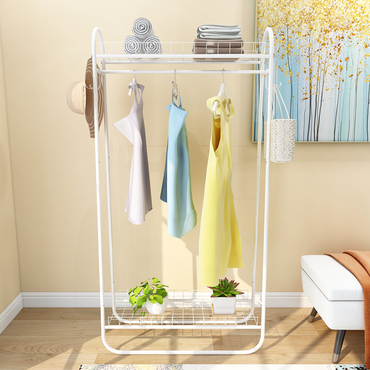Heavy Duty Freestanding Clothes Rack with Double Shelves - White