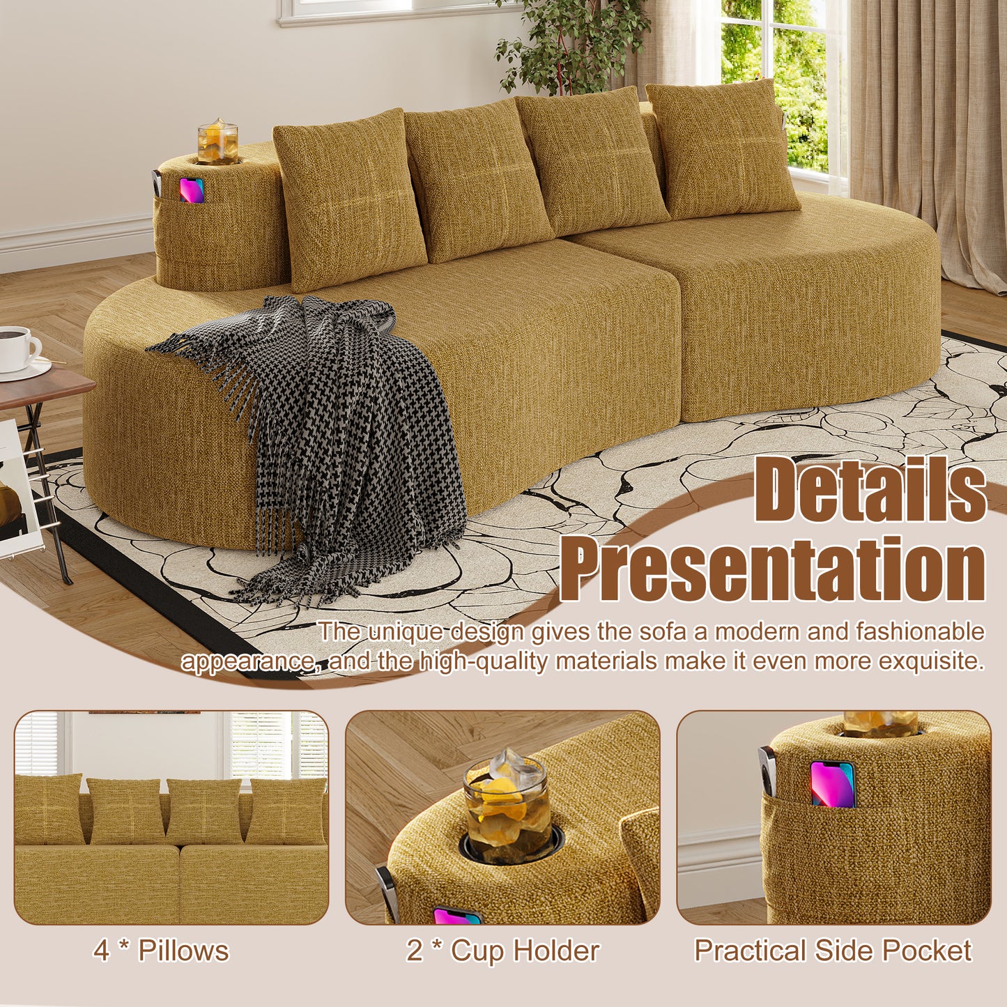 Modern Curved 3-Seat Sectional Sofa - Mustard Yellow