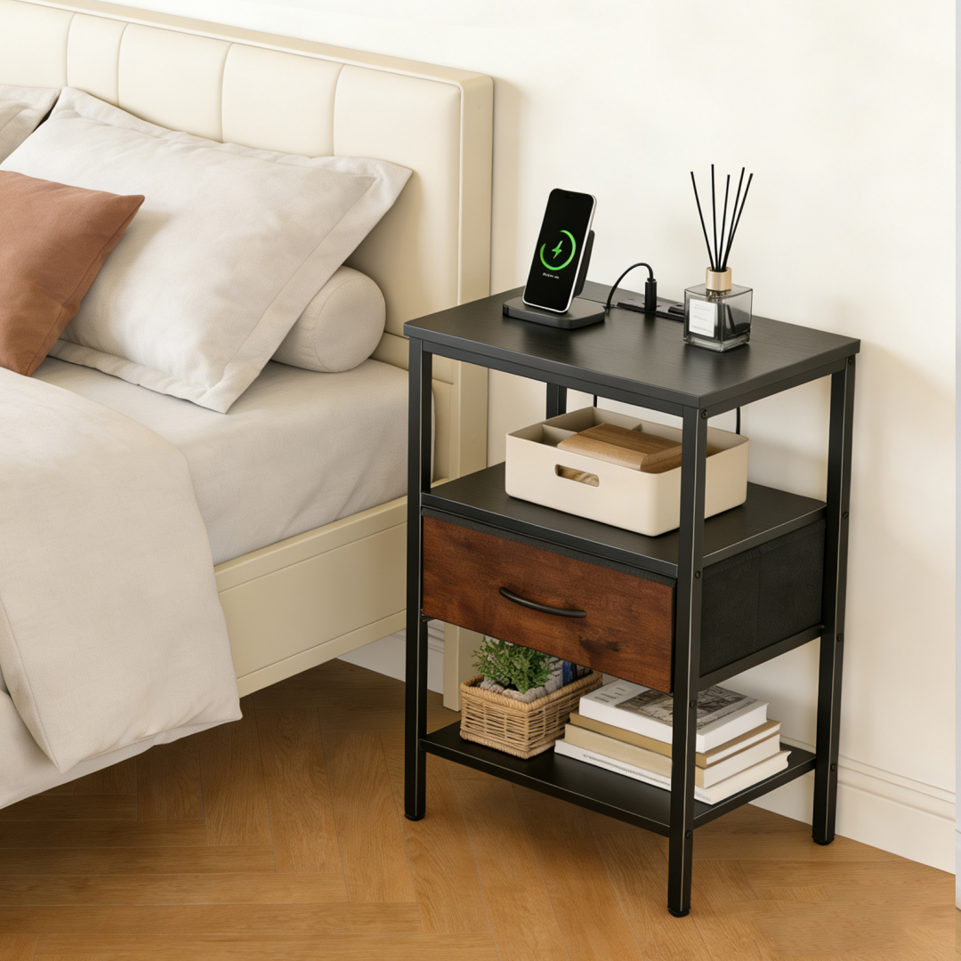 Bedside Table with USB-C Port and Adjustable Drawers - Black Brown