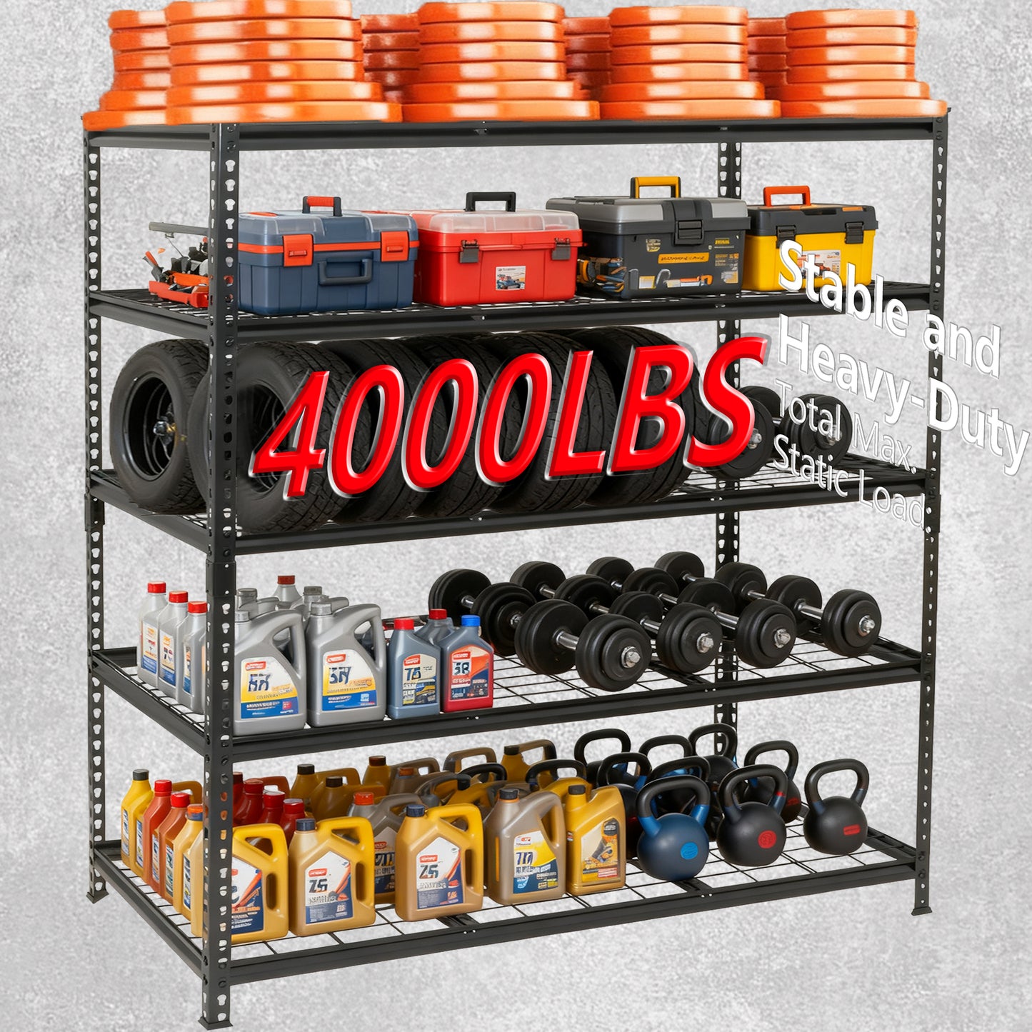 Heavy Duty 5-Tier Metal Shelving Unit - Adjustable 4000 lbs Capacity, Black