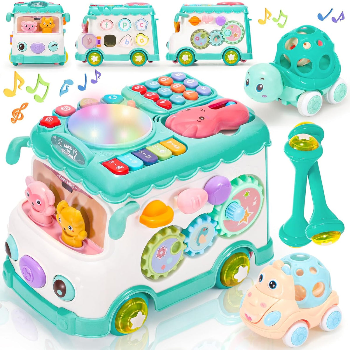 Baby Activity Bus Toy Set 6-in-1 Musical Learning Playset with Car & Building Blocks