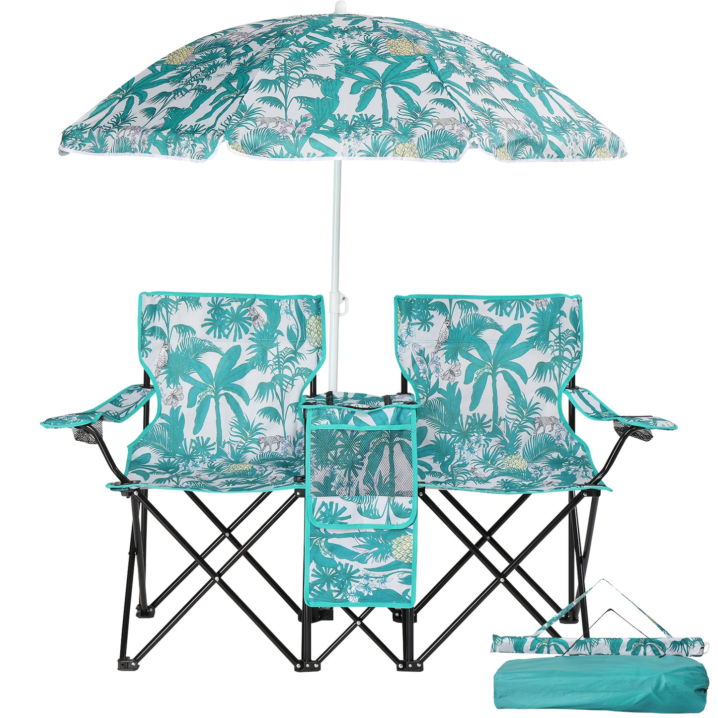 Folding Double Camping Chair with Removable Umbrella & Cup Holders