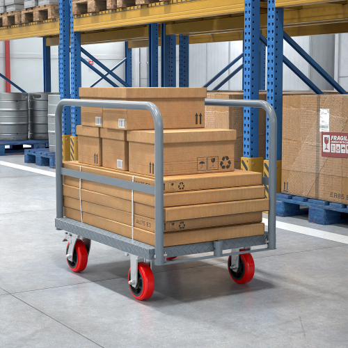 Heavy Duty Steel Platform Truck 2000lbs with 6 Swivel Brake Casters and Side Handrails