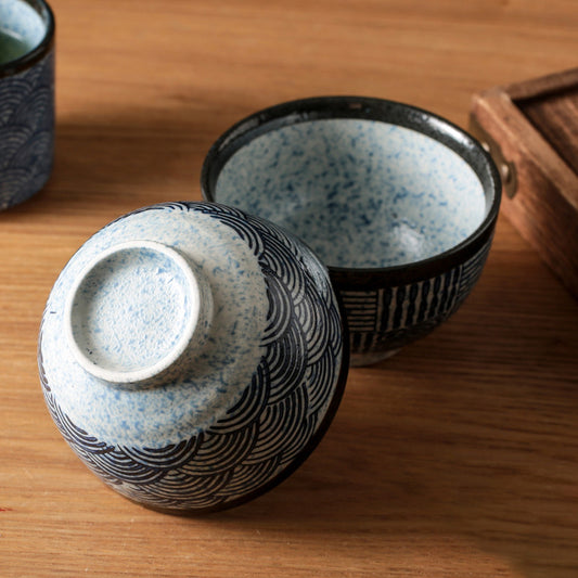 Cute Hand-Painted Porcelain Rice Bowl with Blue & White Sea Ripple Style