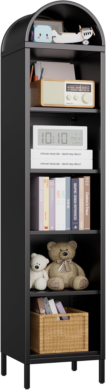 6-Tier Metal Arch Bookshelf - Freestanding Storage Organizer - Black