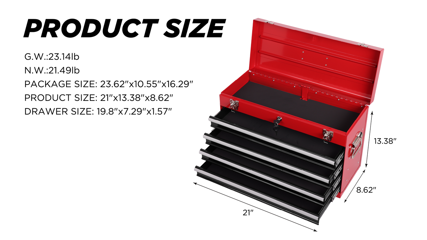 Heavy Duty Metal Tool Box 21-Inch with 4 Drawers, Locking & EVA Liners - Portable Steel Organizer, Red & Black