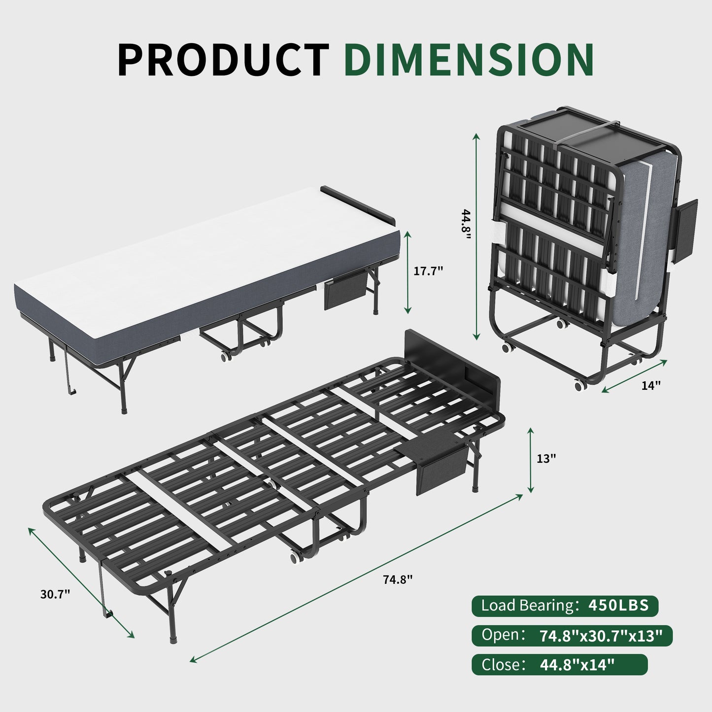 75 Folding Bed With Adjustable Headboard & 5 Memory Foam, Space