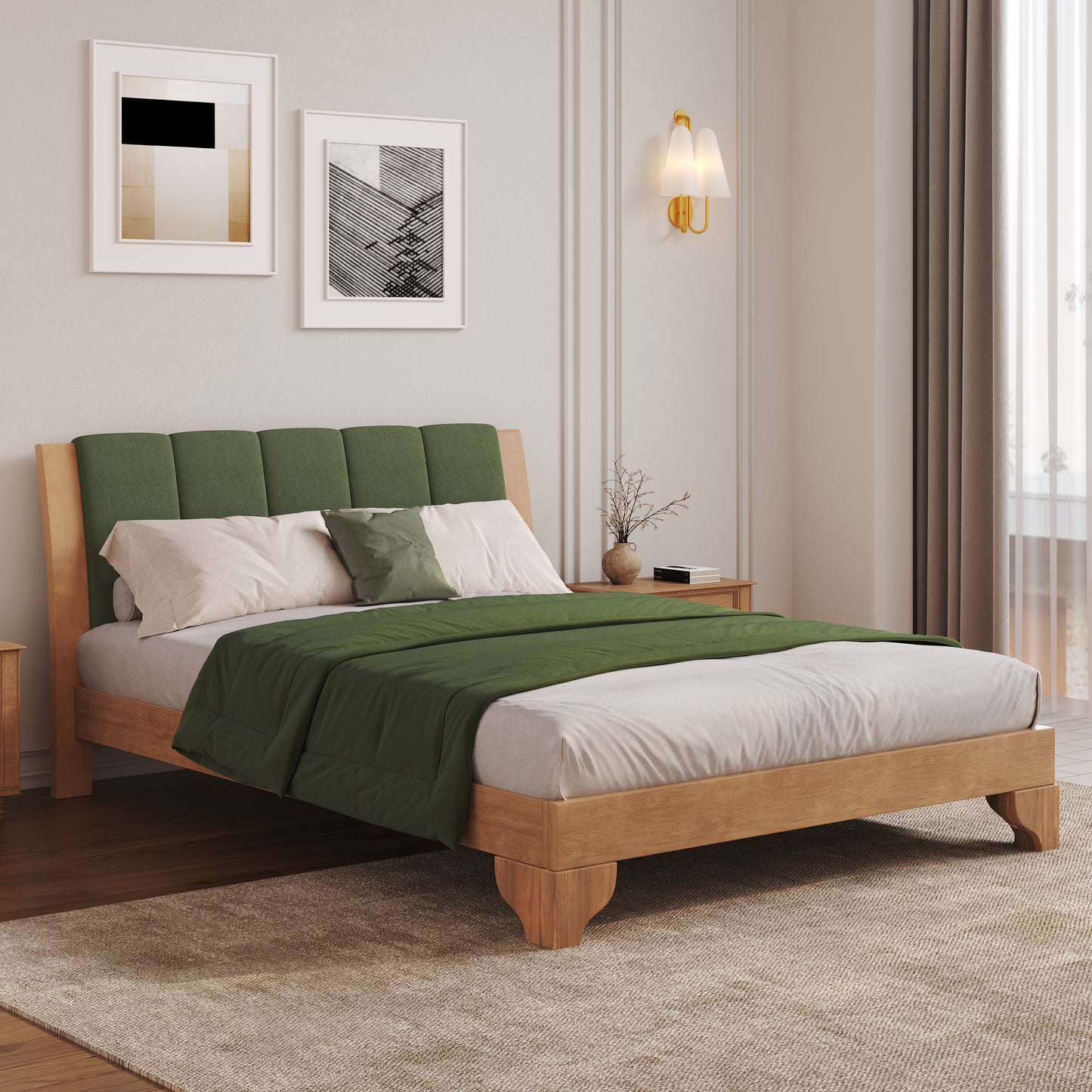 Queen Size Bed Frame with Headboard - Premium Pine Wood, Green