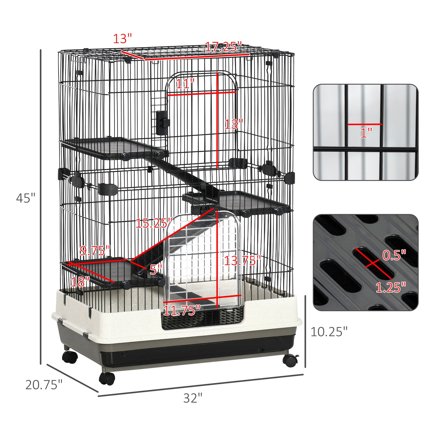 32-Inch Small Animal Cage with Wheels, Slide-Out Tray for Rabbits, Chinchillas, Ferrets - Black