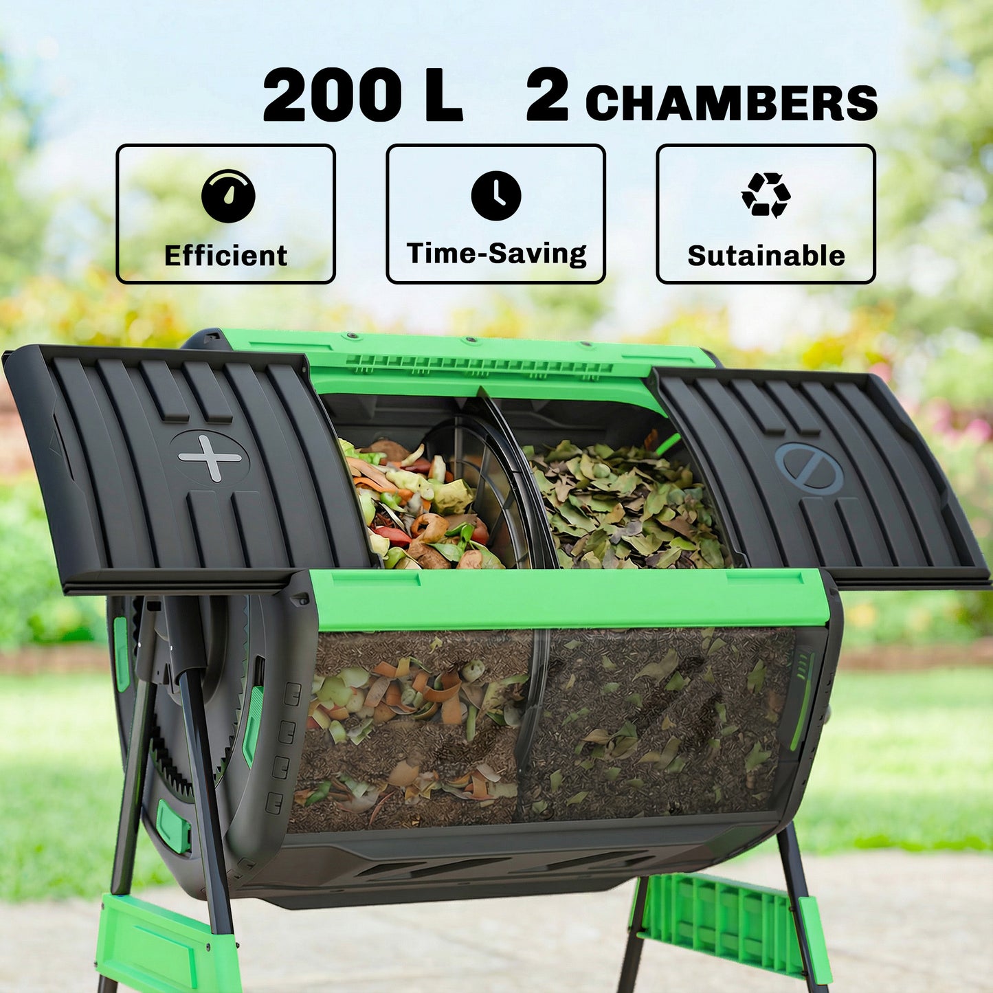 53 Gal Dual Chamber Outdoor Compost Bin - Tumbling Garden Composter with Adjustable Vents, BPA-Free, Green