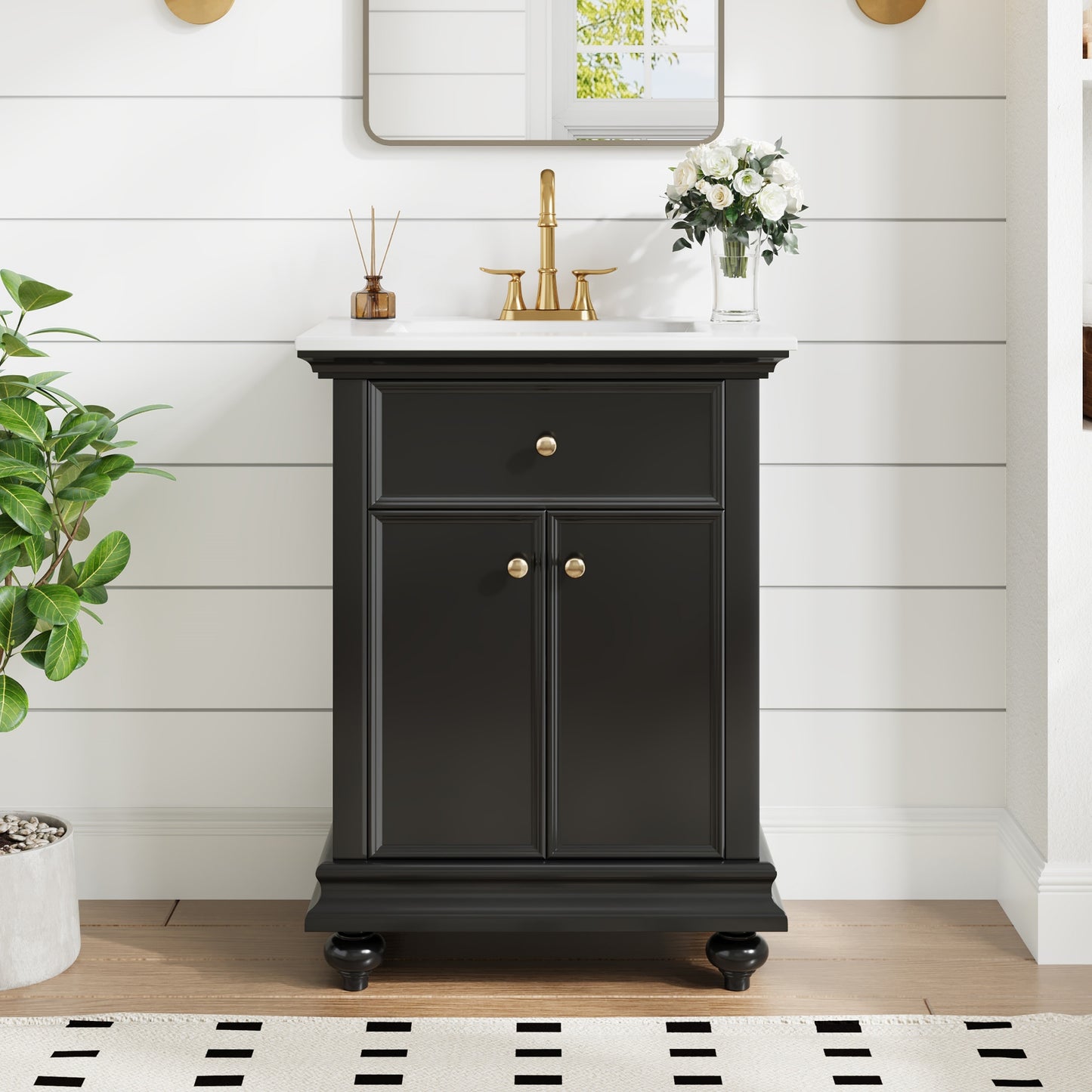 24" Black Modern Bathroom Vanity with Tip-Out Drawer & Soft-Close Hinges