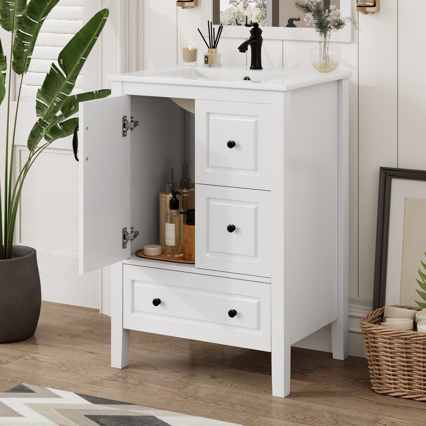 24 Inch Bathroom Vanity with Sink and Soft-Close Drawers - White