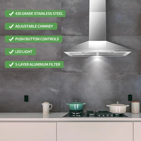 30 Inch Stainless Steel Wall Mount Range Hood with LED Lights & 3-Speed Fan