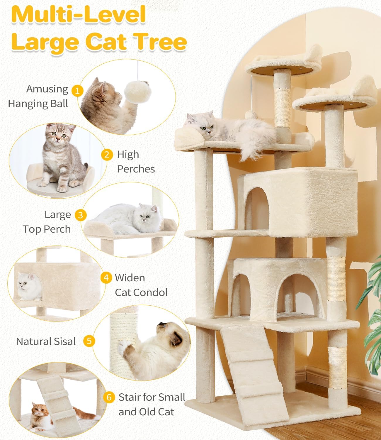 Multi-Level Cat Tree Tower with Scratching Posts and Toys - 56 Inch Indoor Cat Activity Center