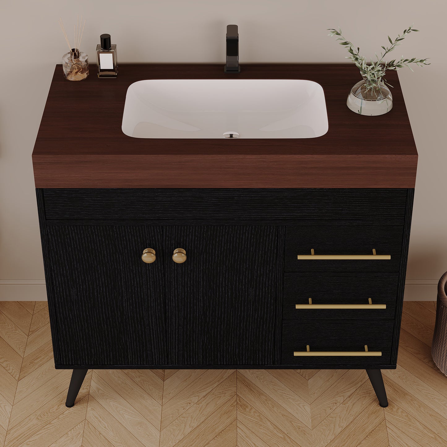 36" Freestanding Bathroom Vanity with Ceramic Sink & Faux Marble Top - Black Walnut