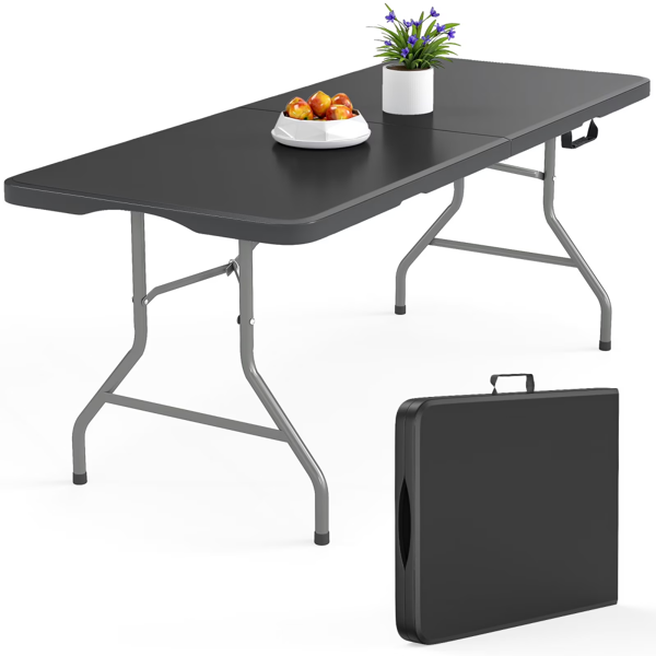 6 Ft Rectangular Black Plastic Folding Table - Seats 8