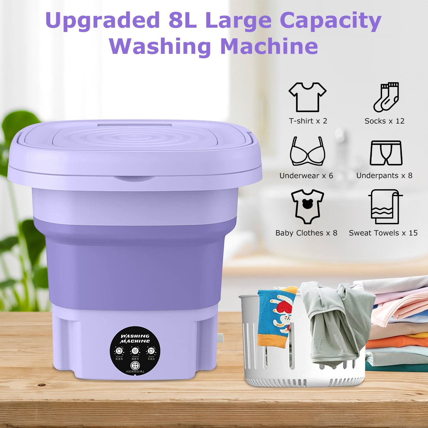 Portable Foldable Washing Machine with 3 Modes and Large 8L Capacity for Travel and Small Spaces