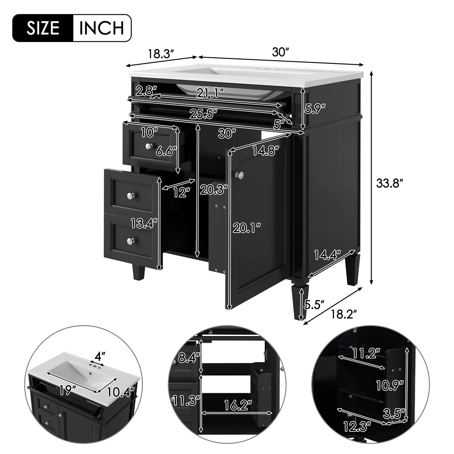 30'' Modern Bathroom Vanity with Ceramic Sink and Storage - Black