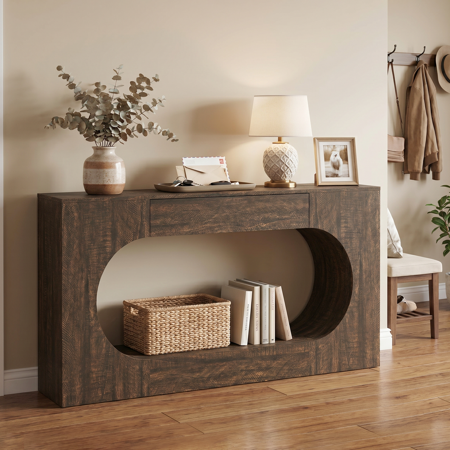 Narrow Walnut Wood Grain Console Table with Drawer - 63"