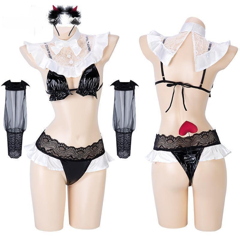 Women's Lingerie Set with Headband and Tail - Black Uniform Style