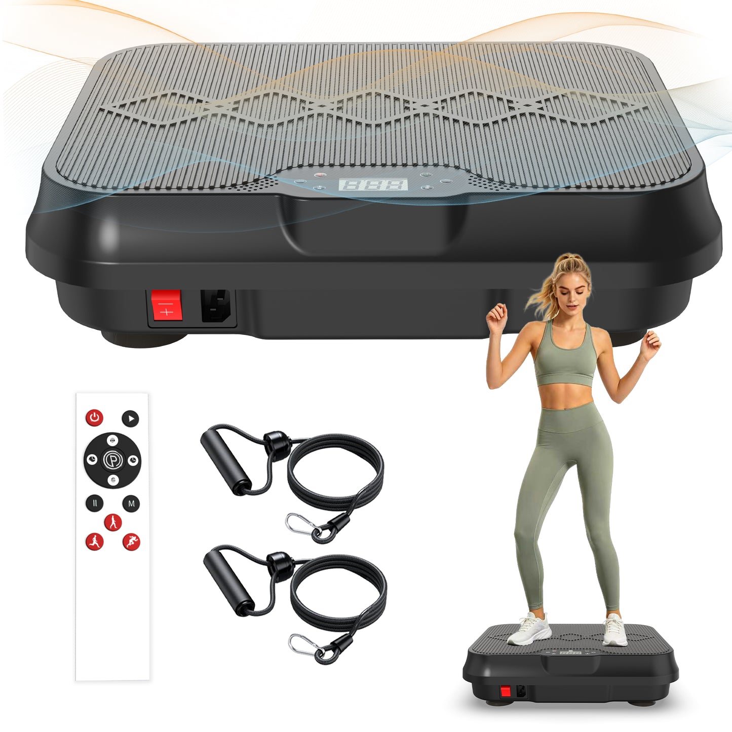 Vibration Plate Exercise Machine with Remote Control & Resistance Bands - Black