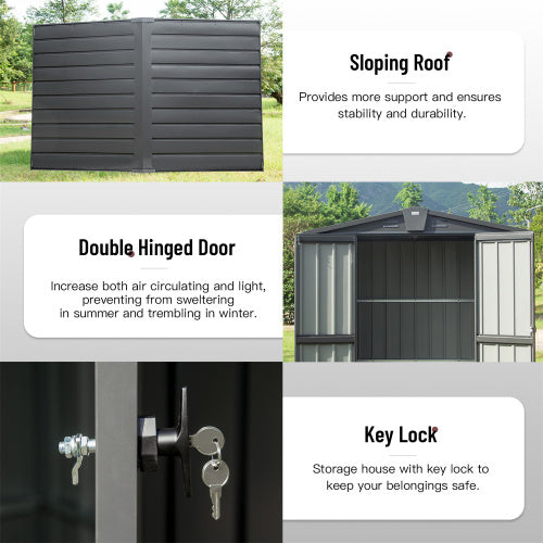 Galvanized Steel Outdoor Storage Shed 5.7x3 ft Lockable Double Doors Garden Tool Storage