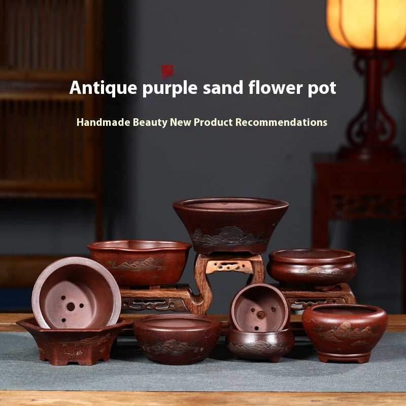 Purple Clay Flowerpot with Chinese Style Design Small Round & Square Options