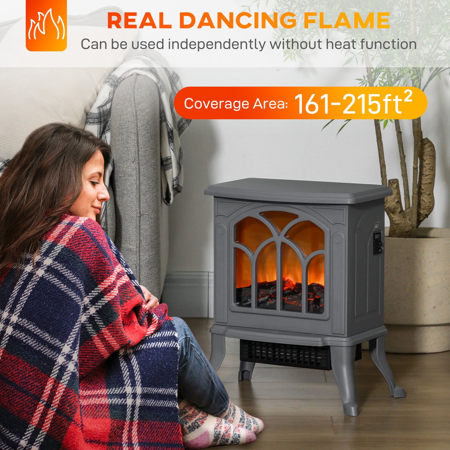Electric Fireplace Heater Freestanding Stove with Realistic Logs Flame Effect Gray 750W/1500W